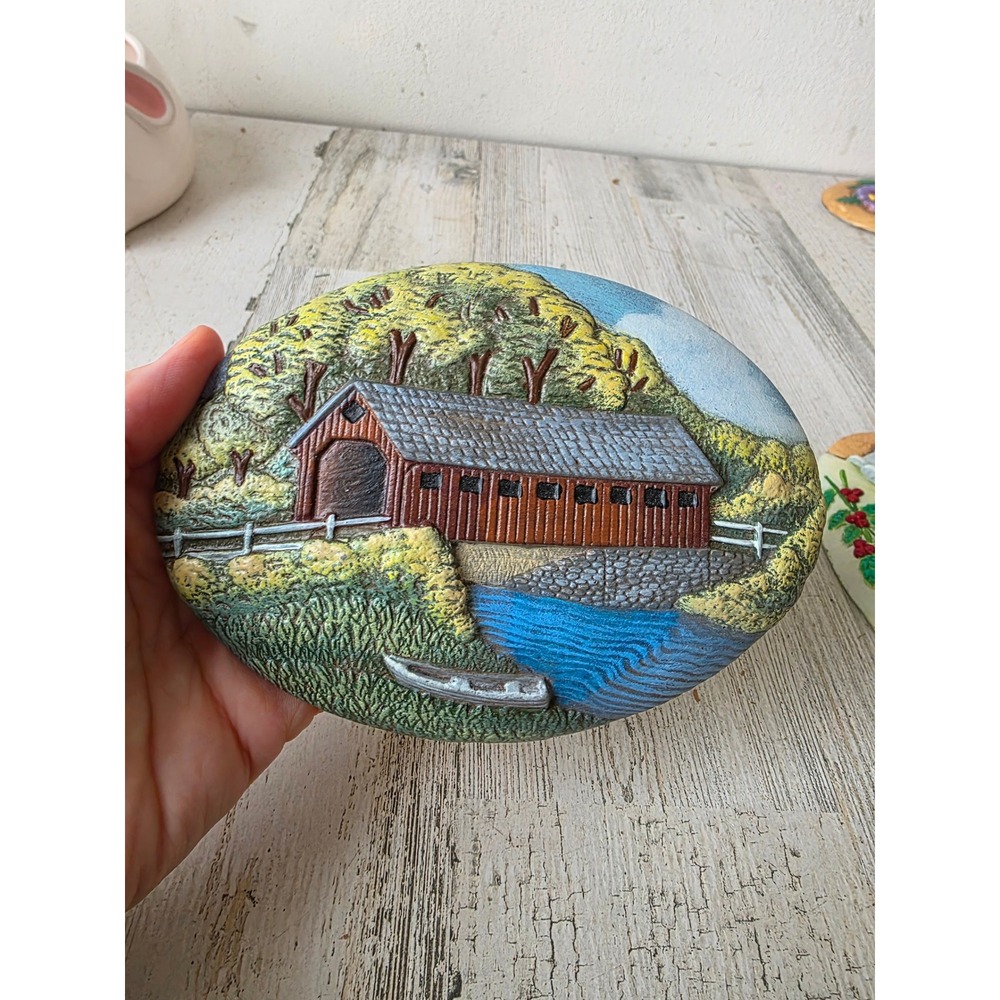 Vintage covered bridge ceramic plaque signed core wall boat River‎ Forest spring